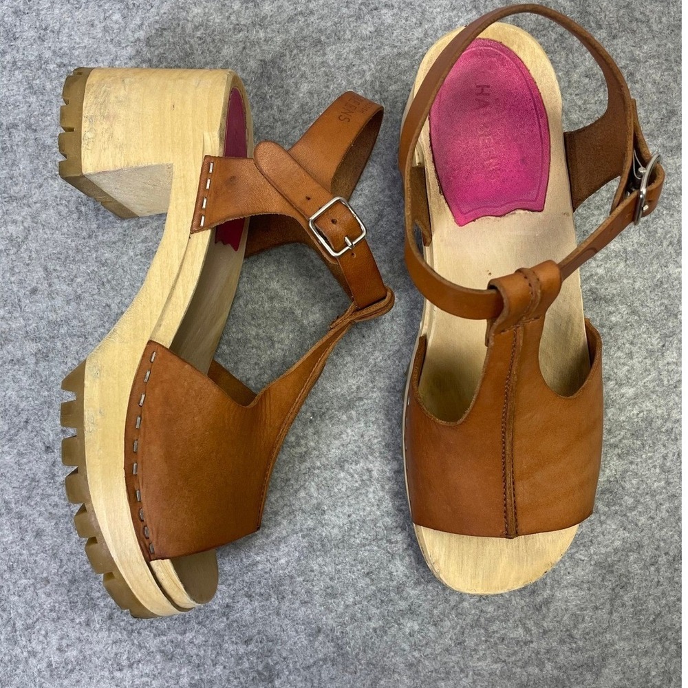 Swedish Hasbeens Tan Leather T-Strap Sky High Wood Clog Sandals Size 38
